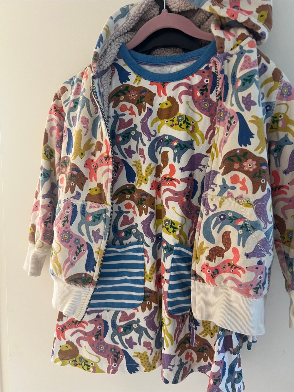 Mini Boden Multicolor Animal Print Hoodie & Dress Set with Blue Trim